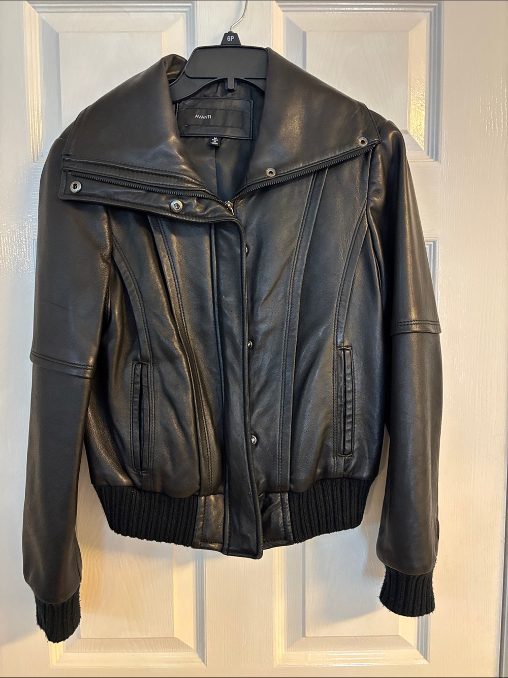 Avanti Black Leather Bomber with Ribbed Hem